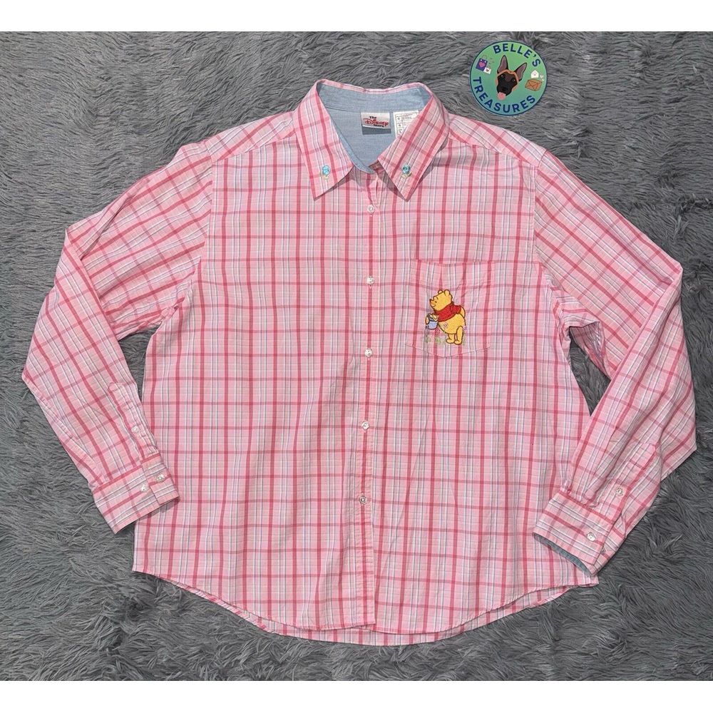 Disney Winnie the Pooh Shirt Womens Large Pink‎ Plaid Flower Button Up Embroider